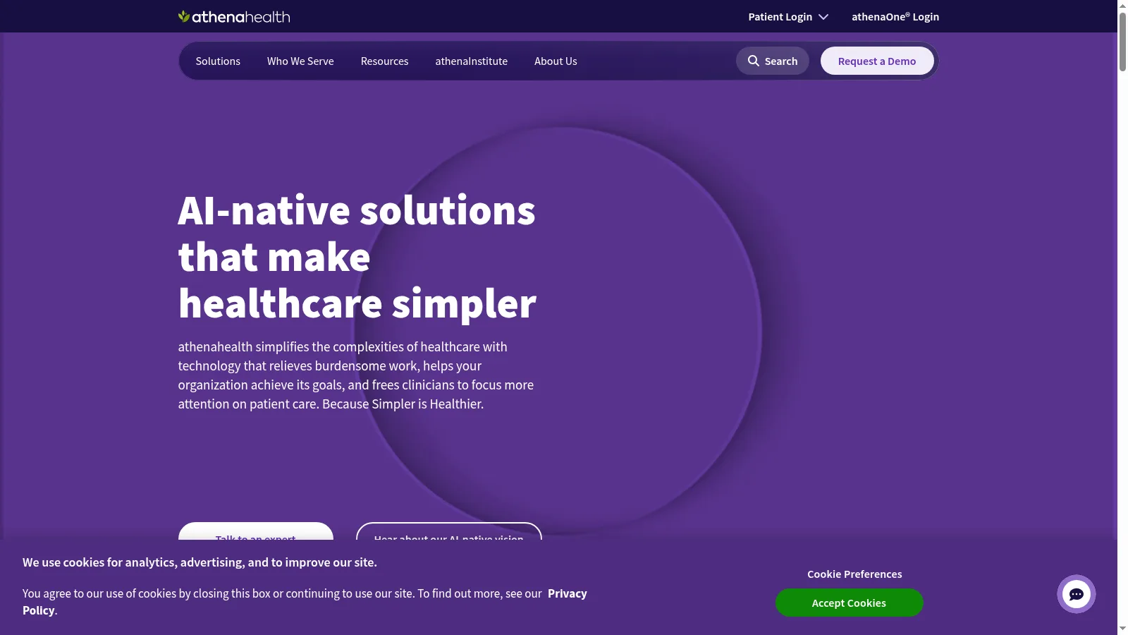 Screenshot of the athenahealth homepage showing its AI-native solutions headline