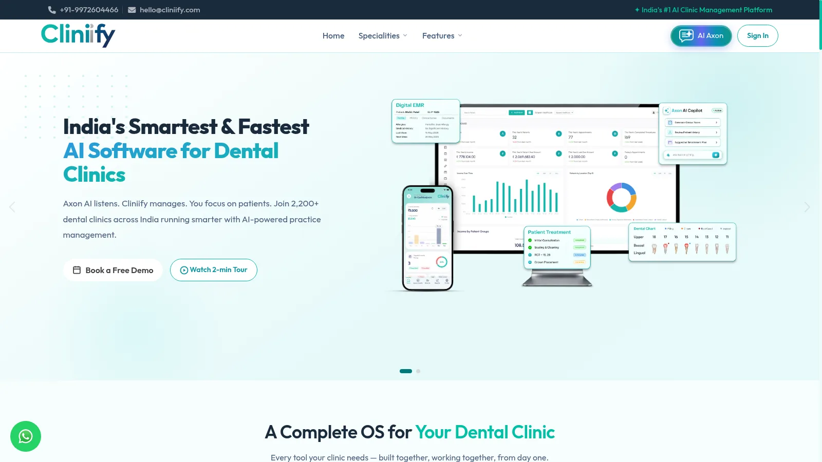 Screenshot of the Cliniify homepage showing its AI software positioning for dental clinics with a dashboard preview