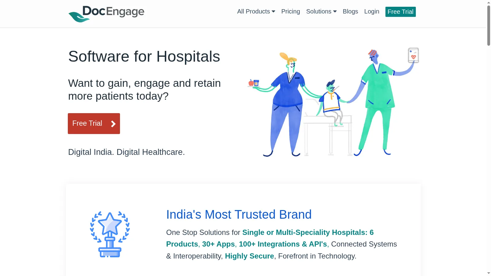 Screenshot of the DocEngage homepage showing its hospital software positioning and trusted-brand claims