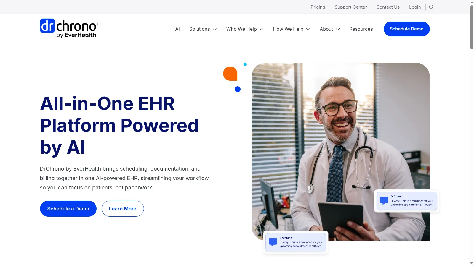 Screenshot of the DrChrono homepage showing its AI-powered EHR platform headline