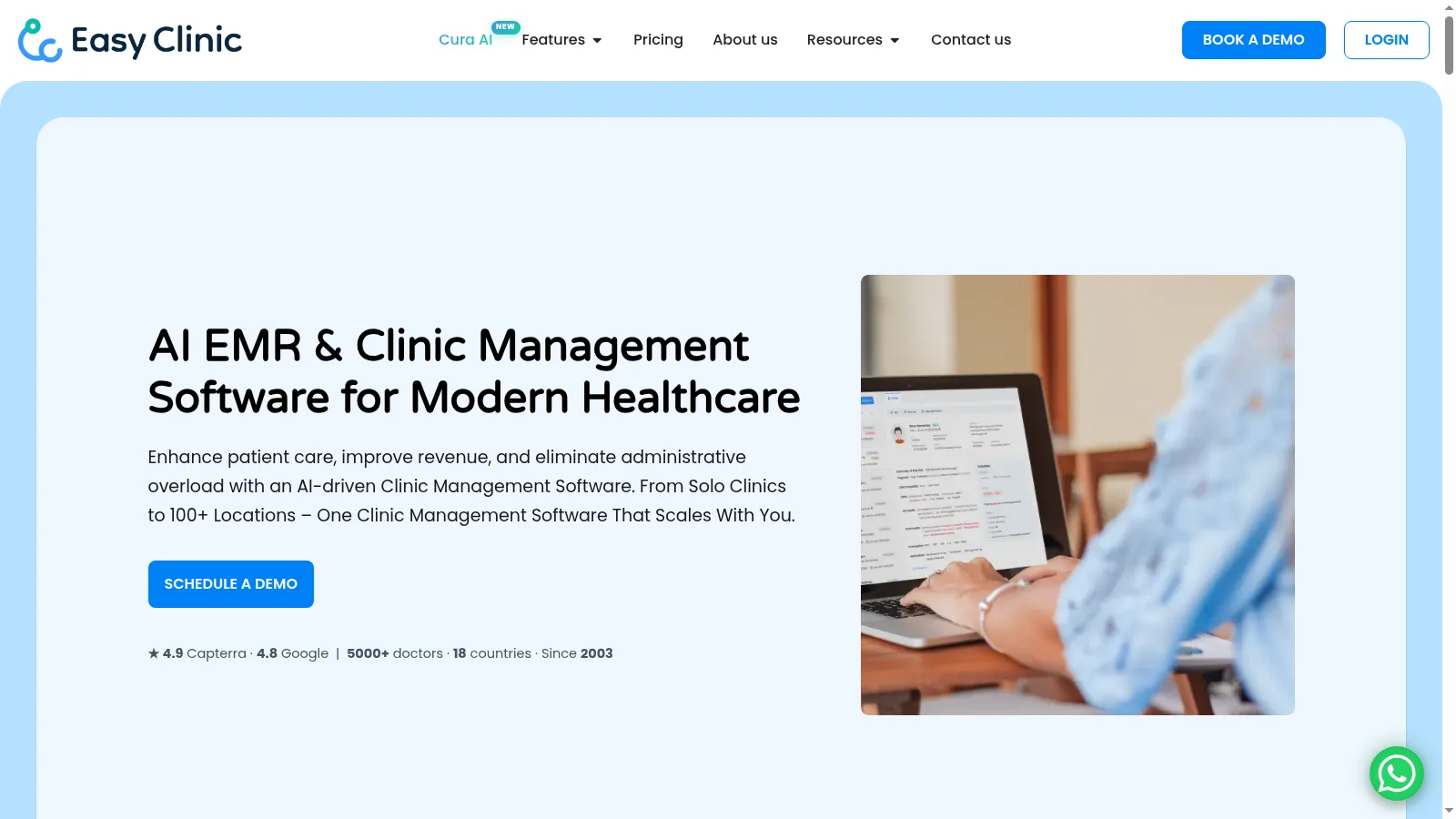Screenshot of the Easy Clinic homepage showing its AI EMR and clinic management software headline