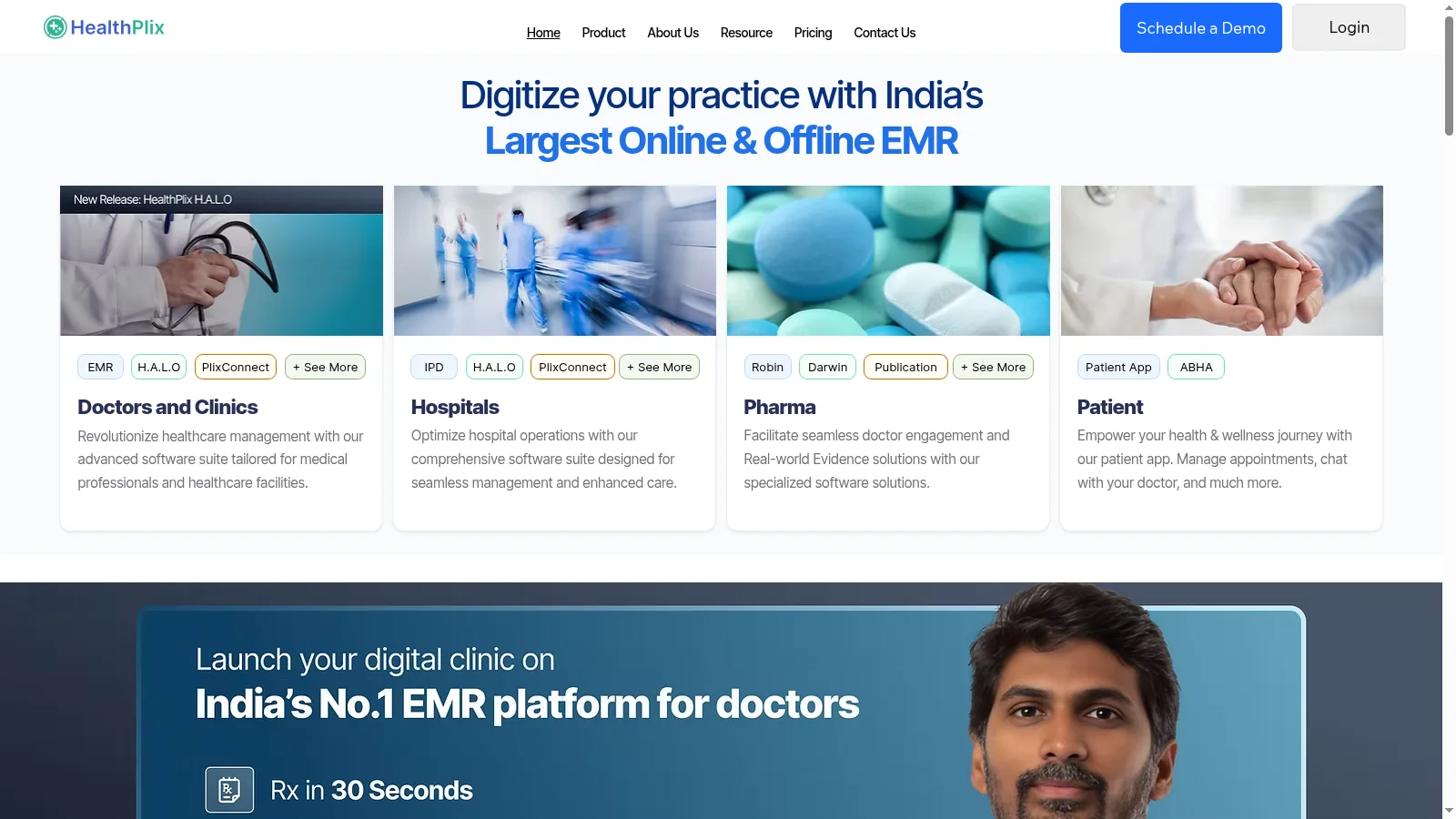 Screenshot of the HealthPlix homepage showing its EMR product categories for doctors, hospitals, pharma and patients