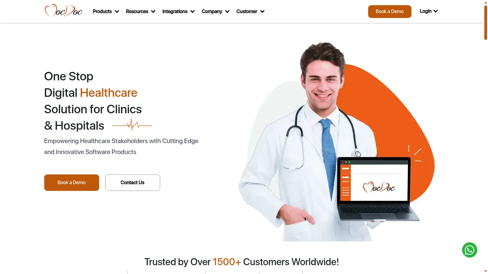 Screenshot of the MocDoc homepage showing its digital healthcare solution positioning for clinics and hospitals