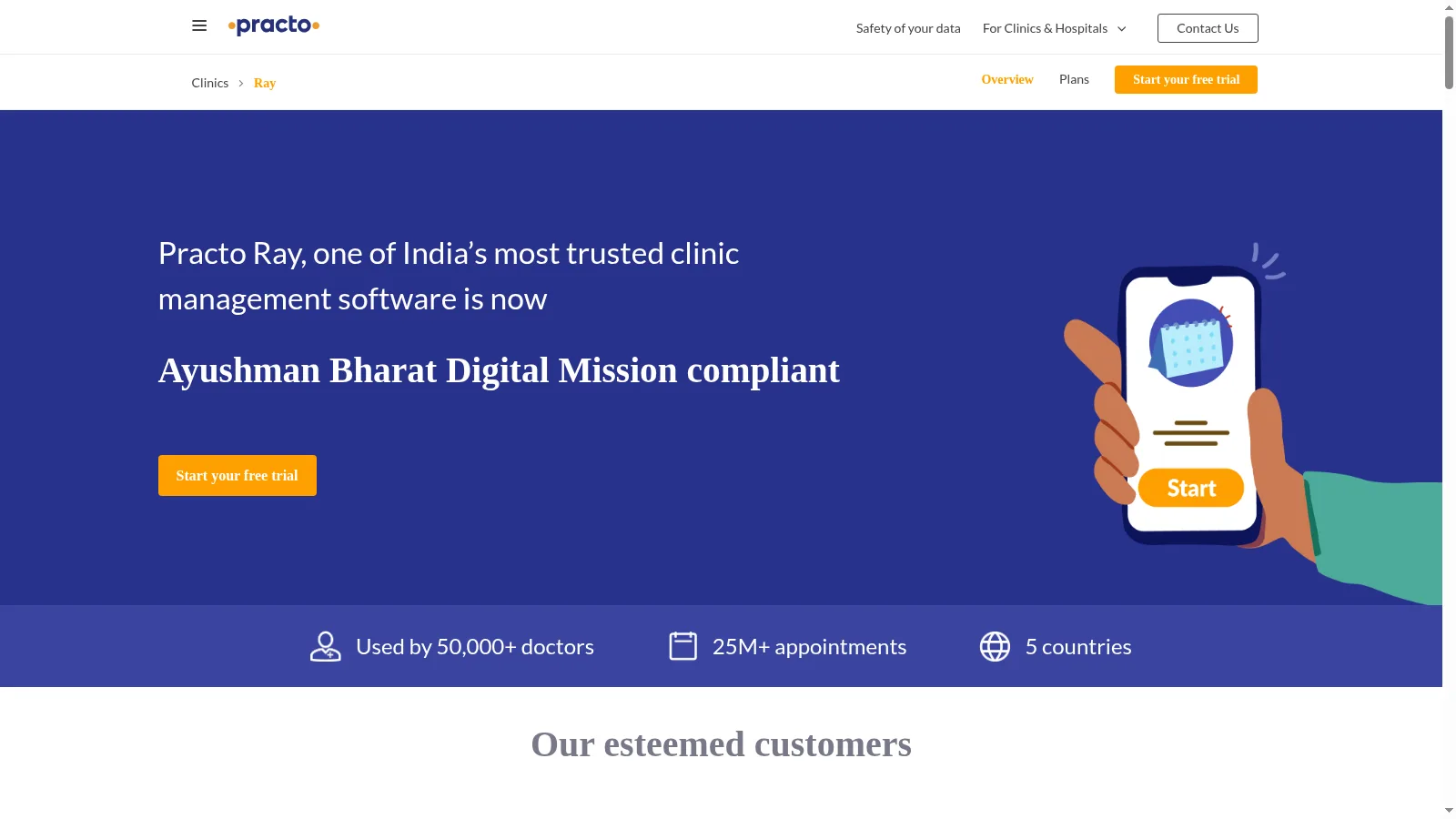 Screenshot of the Practo Ray homepage showing its ABDM-compliance messaging and usage stats