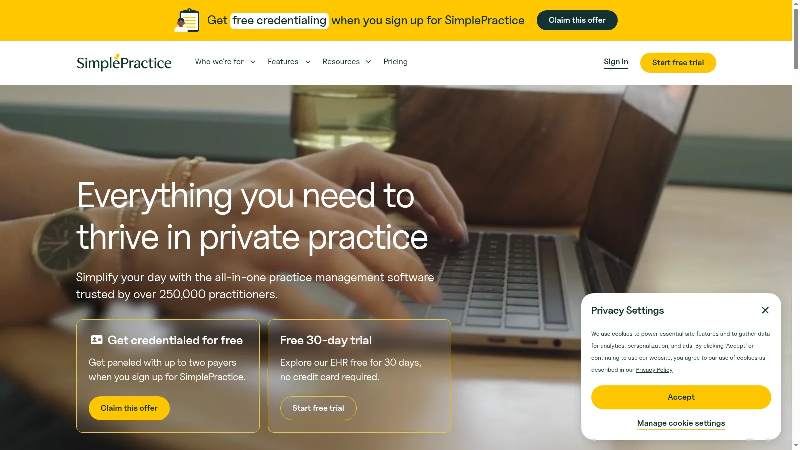 Screenshot of the SimplePractice homepage showing its private-practice positioning and free trial offer