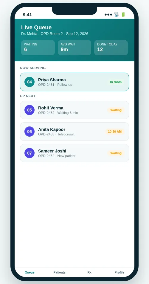OPD Suite live queue screen on a phone showing patients waiting, in-room status and average wait time