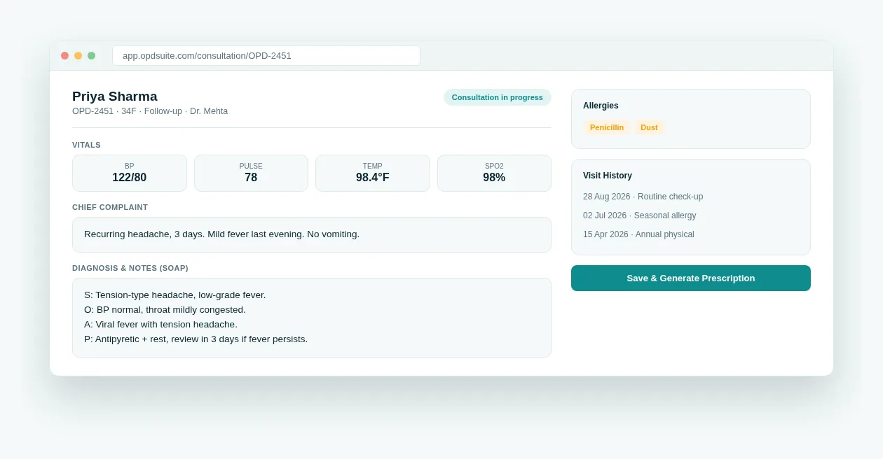 OPD Suite consultation screen showing patient vitals, chief complaint and SOAP diagnosis notes for Priya Sharma
