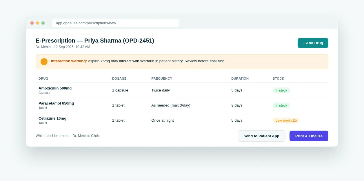OPD Suite e-prescription screen showing drugs, dosage, an interaction warning and stock status