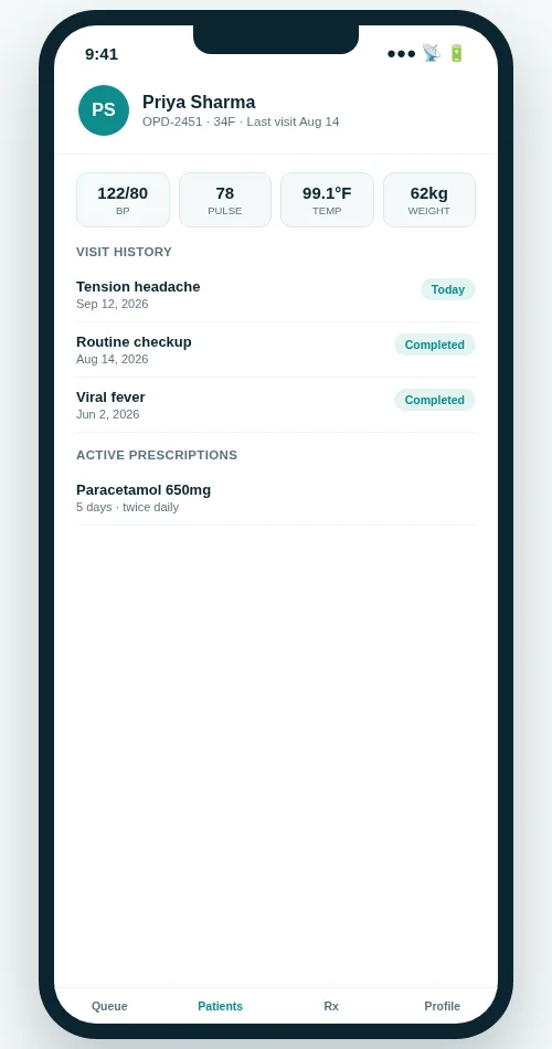 OPD Suite patient app screen showing vitals, visit history and active prescriptions on a phone